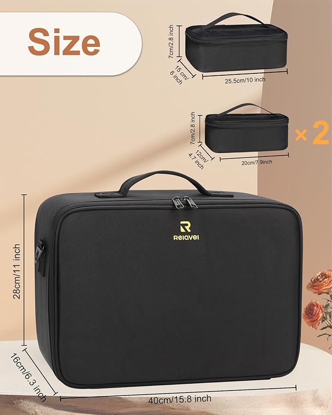 Relavel Large Makeup Case Professional Cosmetic Storage Organizer Box Brush Holder with 3 Clear Set Bags and Adjustable Dividers for Makeup Artists with Shoulder Strap