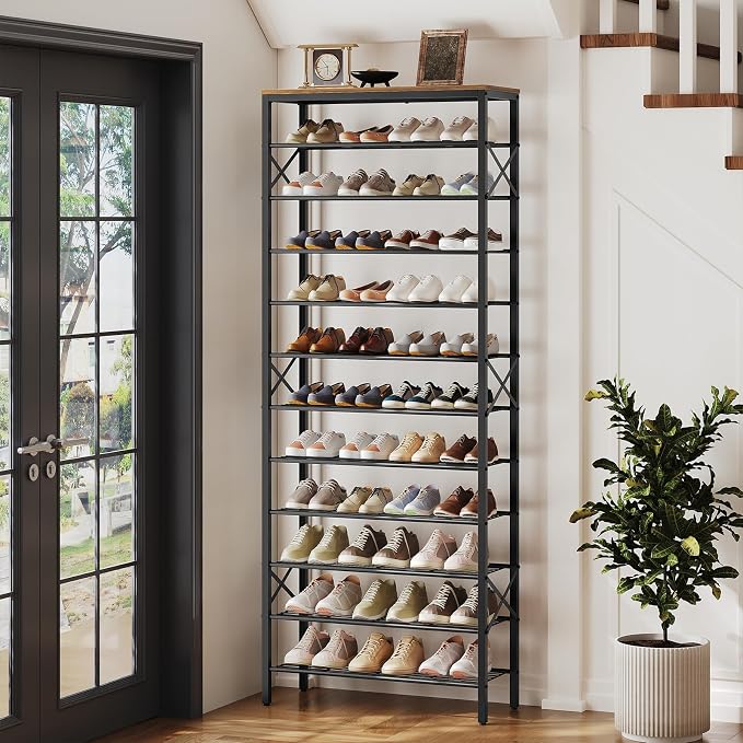 YATINEY 12 Tier Shoe Rack, Large Capacity Shoe Storage Organizer Holds 48 Pairs, Sturdy and Stable, for Entryway, Hallway, Closet, Dorm Room, Rustic Brown SS12BR