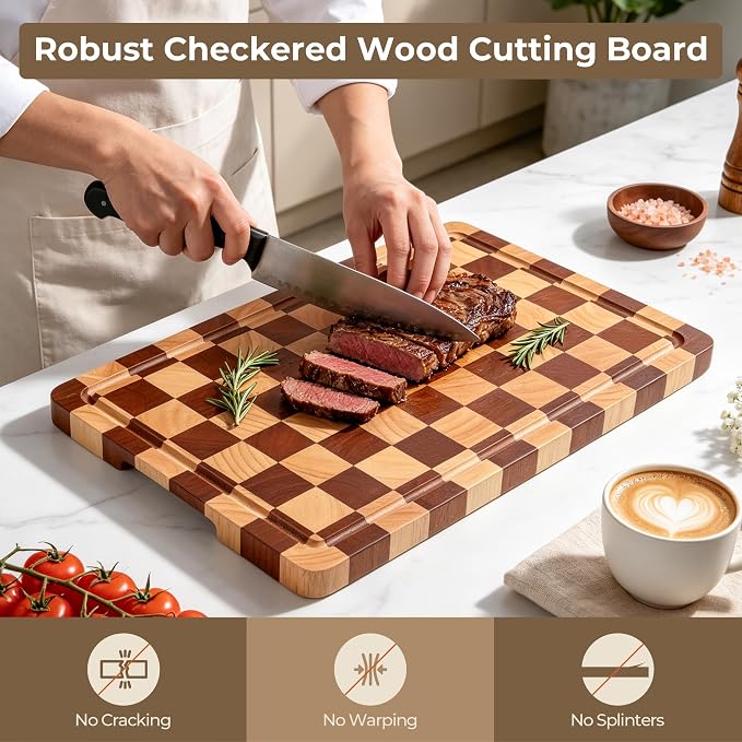 Checkered Cutting Board for Kitchen -Wood Checkerboard Cutting Board | Wooden Checker Chopping Board End Grain Cooking Board with Juice Groove & Handle for Meat, Fruit, Bread, Vegetable