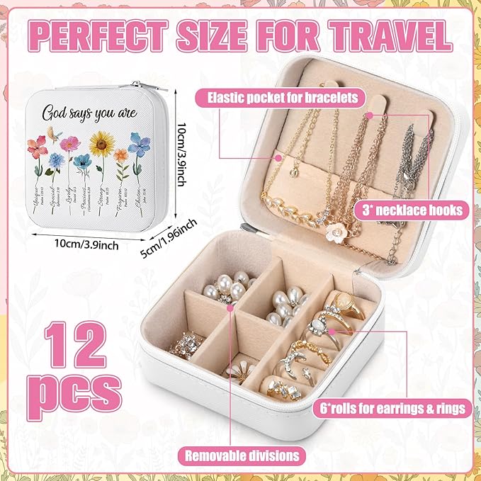 Kacctyen 12 Pieces Mini Travel Gift Jewelry Case Bulk God Says You Are Gifts for Women Christian with Flowers Mother's Day Church Gift for Secretary Day Birthday Inspirational Leather Jewelry Case