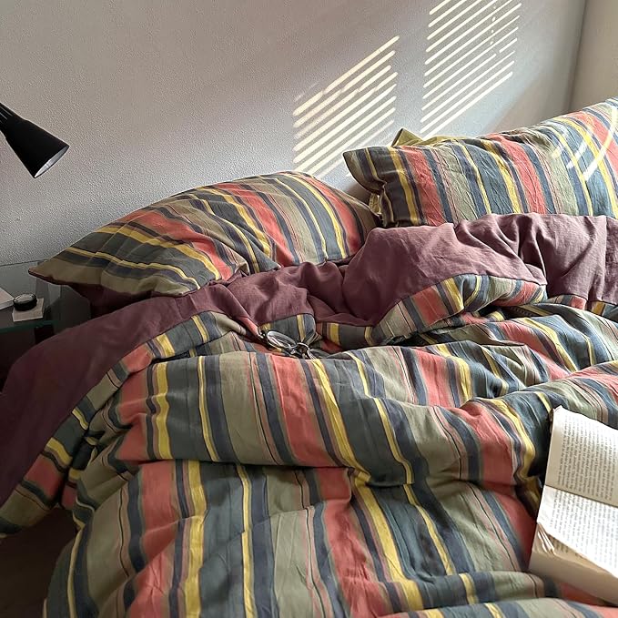 mixinni Vintage Striped Duvet Cover Set Twin Size - 3 Piece 100% Washed Cotton Bedding Set, Soft & Breathable, Colorful Striped Pattern Printed Comforter Cover for All Seasons