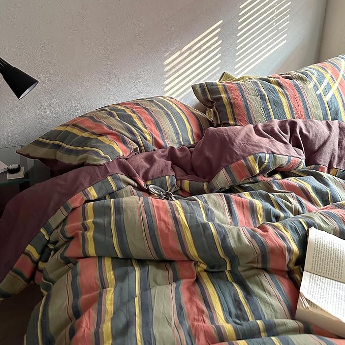 mixinni Vintage Striped Duvet Cover Set Full Size - 3 Piece 100% Washed Cotton Bedding Set, Soft & Breathable, Colorful Striped Pattern Printed Comforter Cover for All Seasons