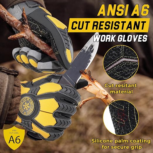 HANDLANDY Winter Cut Resistant Men Impact Resistant Work Gloves, Padded Palm Grip Heavy Duty Working Glove (XX-Large, Yellow)