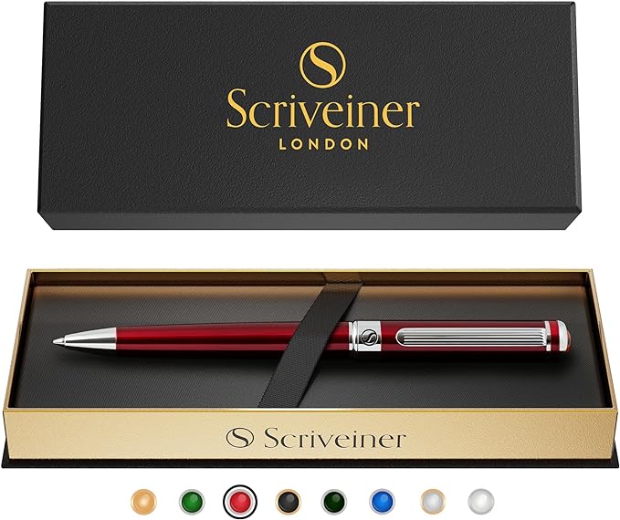 Scriveiner Deep Crimson Ballpoint Pen - Stunning Red Lacquer Luxury Pen, Chrome Finish, Schmidt Black Refill, Best Ball Pen Gift Set for Men & Women, Professional Executive Office, Nice Designer Pen