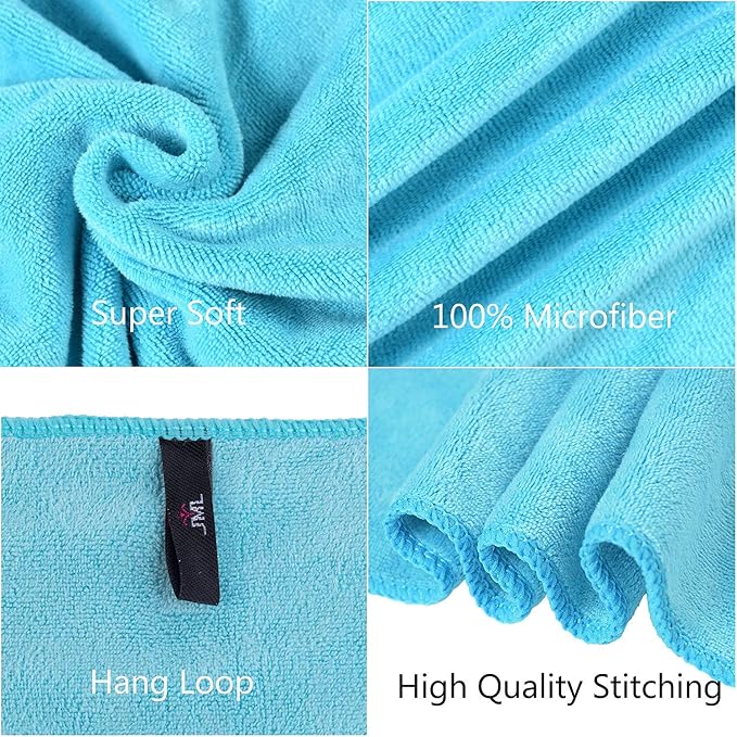 JML Microfiber Bath Towels, 4 Pack, 30" x 60", Aquamarine | Oversized, Ultra Soft, Super Absorbent, Fast Drying, Perfect for Bathroom, Shower, Sauna, Yoga, Gym