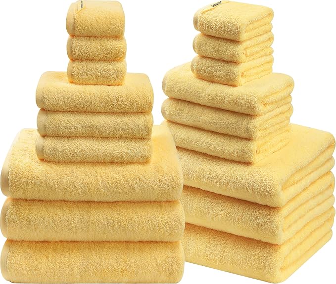 SEMAXE Bath Towel Set, 18 Piece Towel Set for Bathroom, Large Value Pack, Quick Dry Cotton Towels with Hanging Loops, Easy Care, Yellow