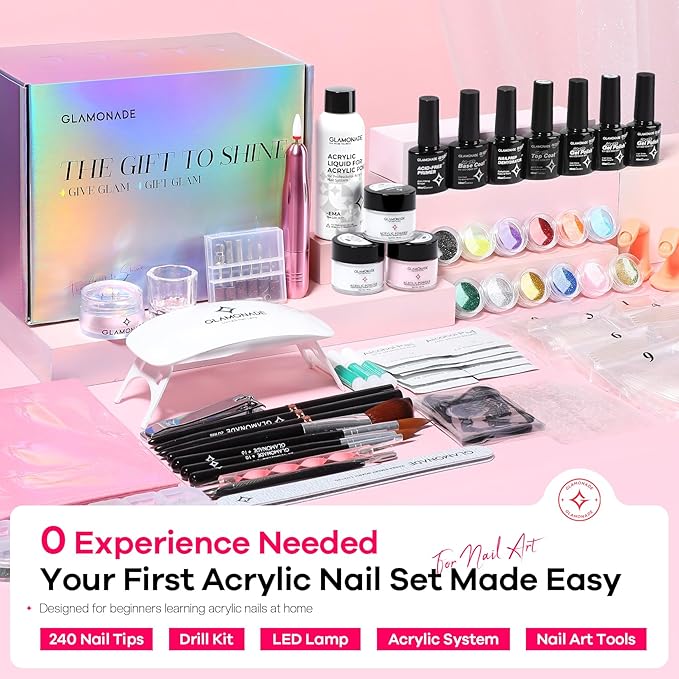 Glamonade Acrylic Nail Kit for Beginners: Professional Nail Set with Drill Acrylic Powder Gel Polish Nail Stamp for Home Starter Practice & DIY Manicure