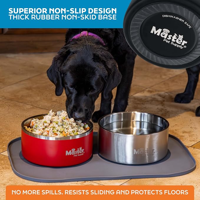 Master Pet Supply Stainless Steel Dog Bowls - 128 oz, Heavy Duty - Black Velvet, Double Wall Extra-Thick Insulated, Non-Slip Pet Water Bowl for Dogs, Cats & Pets, Anti Rust Metal, Dish Washer Safe
