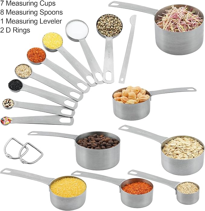 Measuring Cups and Spoons Set, 18/8 Stainless Steel 7 Measuring Cups and 8 Measuring Spoons with Leveler, Kitchen Measure Cups Spoons, Heavy Duty Baking Measurement Cups Spoons Set