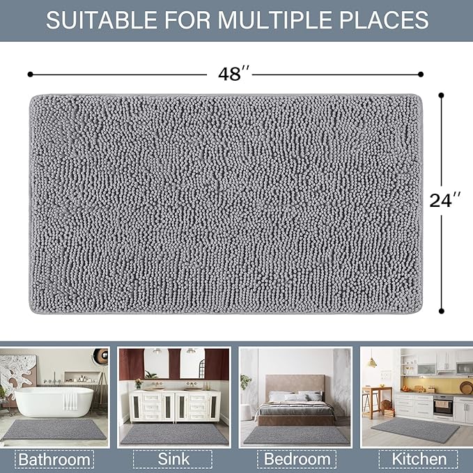 LOCHAS Luxury Bathroom Rug Shaggy Bath Mat 24 x 48 Inch, Gray | Washable Non Slip Bath Rugs for Bathroom Shower, Soft Plush Chenille Absorbent Carpets