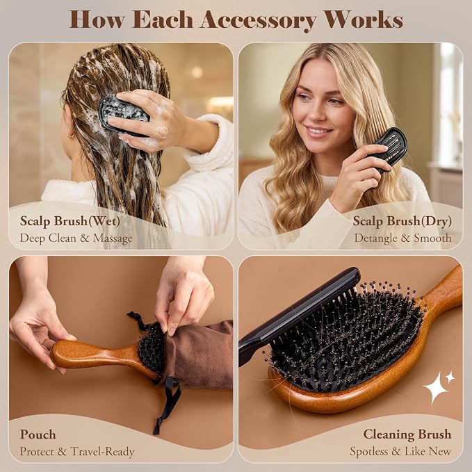 Boar Bristle Hair Brush Since 1965 British Craftsmanship Handmade | Natural Wood Slick Back Hairbrush, Gentle Detangling Women Men Kids Curly Thick Fine Frizzy Hair, Smoothing Styling Brush