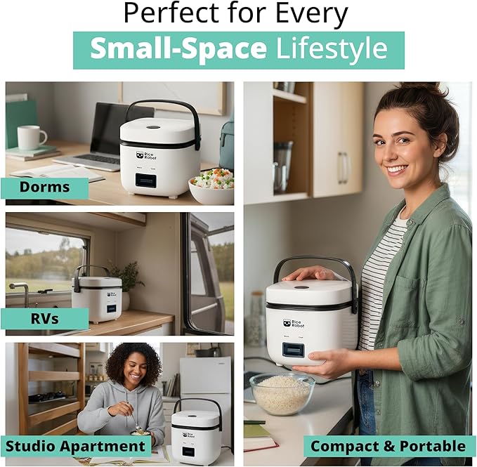 Rice Robot Personal Rice Cooker, PFAS-free, Nonstick. 1 Quart Capacity, with Stainless Steel Steamer Tray, Measuring Cups, Recipe Book with 60 Recipes, and Serving Spoon, As Seen On TV