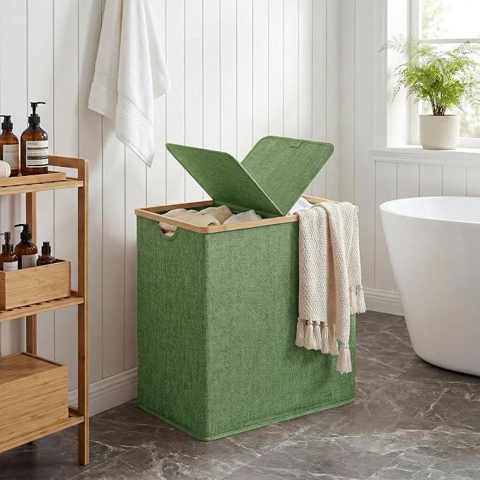 efluky Laundry Hamper with Lid, Double Laundry Basket with 2 Removable Bags, 2 Section Laundry Bin with Bamboo Handles for Bathroom, Bedroom & Laundry Room, 140L (36.9 Gallon) Sage Green