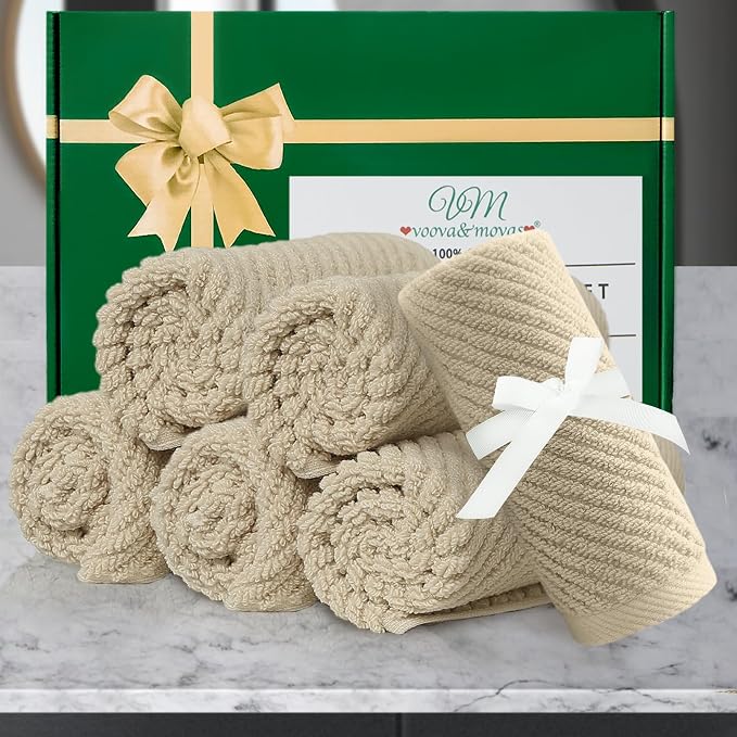 VOOVA & MOVAS Face Cloths 6PC, 100% Cotton, 13x13 in, Dark Tan Beige | Thick, Quick Dry, Soft, Absorbent, Wash Cloths For Showering & Bathroom, Bathroom Essentials