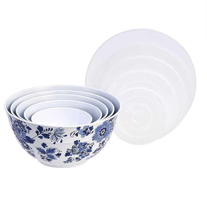 Amazon Basics Mixing Bowls with Lids, Nesting Melamine Serving Bowls, Non-Slip Base, BPA Free, Dishwasher Safe, 5 Sizes, Blue and White Floral, Set of 10