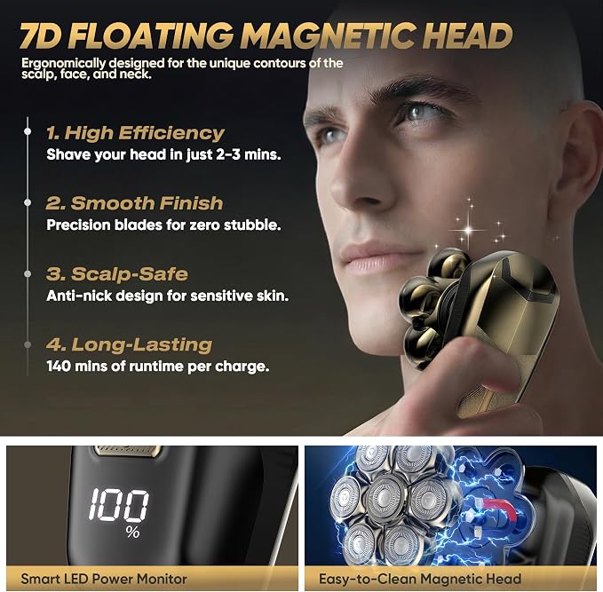 Head Shavers for Bald Men, Electric Razor with 7D Magnetic Shaver Heads, Wet Dry Waterproof Bald Head Trimmer Kit for Women & Men, Nose Ear Hair Trimmer, USB Rechargeable Clippers, Bright Black