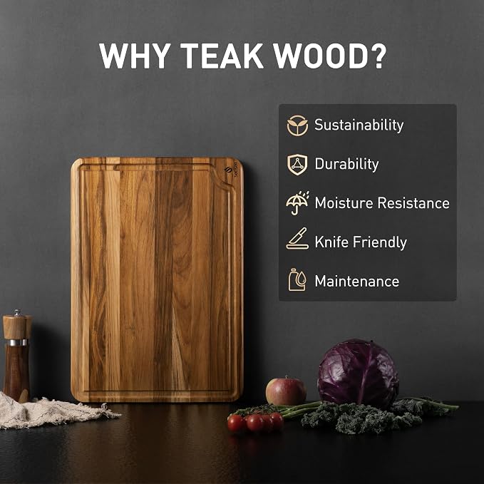 Teak Wood Cutting Boards for Kitchen 17'' Wooden Bamboo Serving Board Meat | Heavy Duty, Over Sink, Solid Thick, Haus Wooden Chopping Board, Meat, Easy to Clean, Non Toxic, Best Kitchen Essential Gift