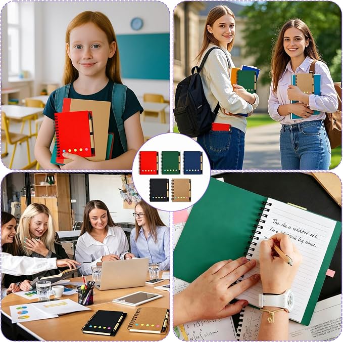 50 Pack Spiral Pocket Notebook with Pen, 4.2x5.25 Inch Lined Journals Bulk Small Notebooks and Pen Set, Spiral Notepad Sticky Notes for Business Office School, 5 Colors, 60 Sheets/120 Pages