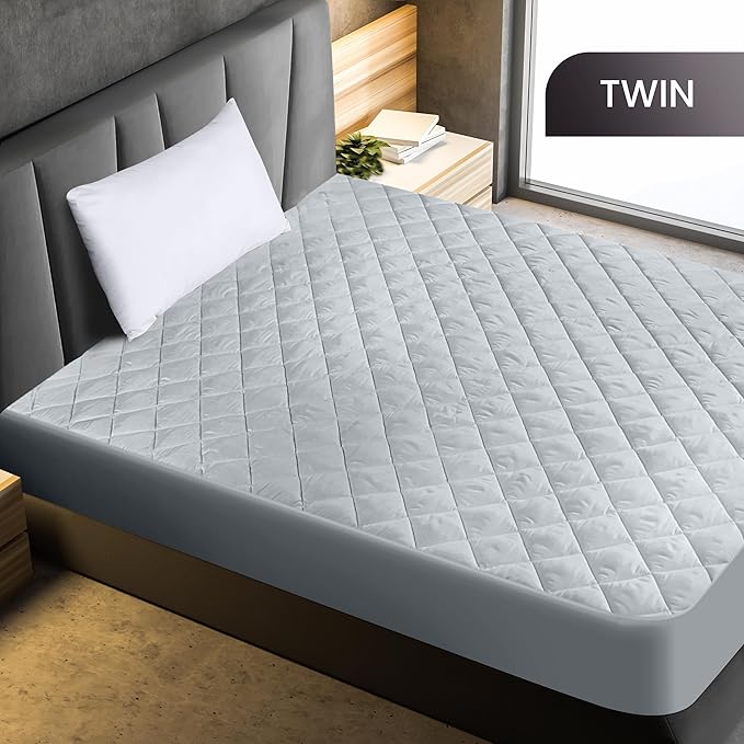 Quilted Fitted Mattress Pad, Twin Mattress Protector Topper with Deep Pocket Stretches up to 16 Inches, Machine Washable Mattress Cover by Utopia Bedding (Light Grey)