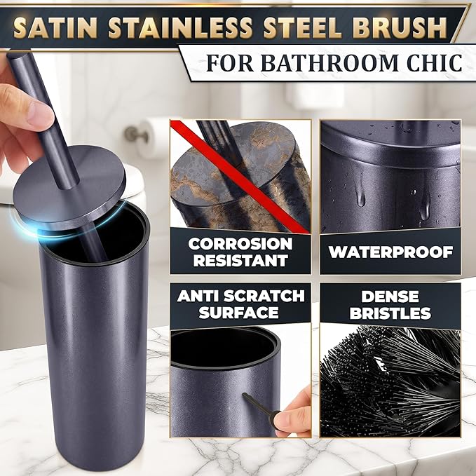 Graphite Metallic Stainless Steel Toilet Brush and Holder Set - Toilet Bowl Brush and Holder with Splash Cover, Sturdy Bristles, Corrosion & Scratch Resistant - Elegant Design, Effective Deep Cleaning