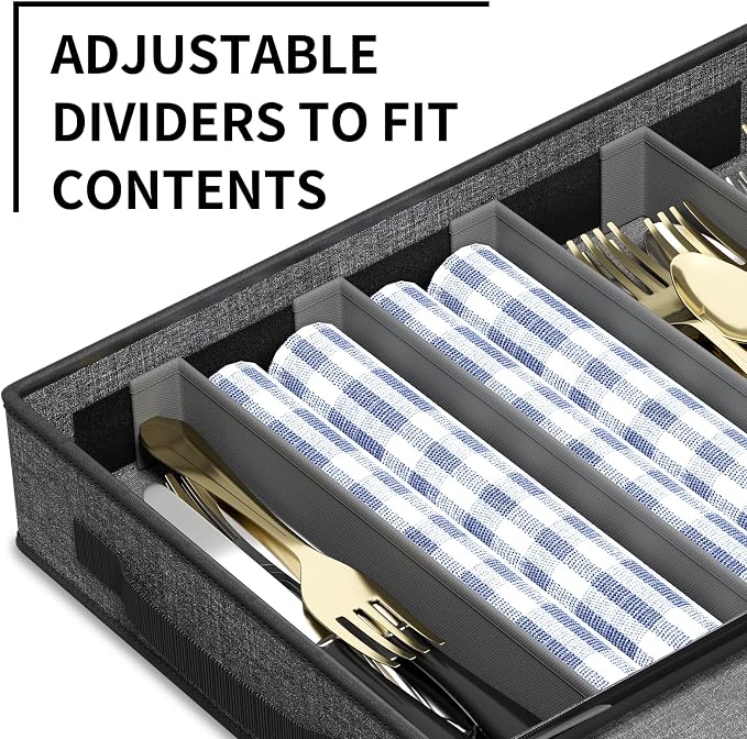 2-Pack Silverware Storage Box, Flatware Organizer with Clear Lid, Grey | Utensil Storage Case with Adjustable Dividers, Quilted, Stackable, Dual Zippers, Reinforced Handles for Moving and Storage