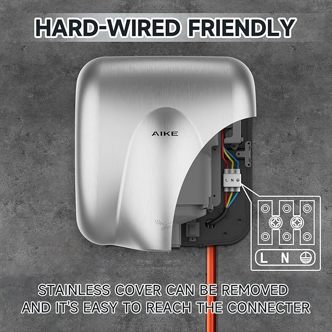 AIKE Heavy Duty Hand Dryer Hard-Wired Friendly 110V High Speed Brushed Stainless Finish Model AK2811