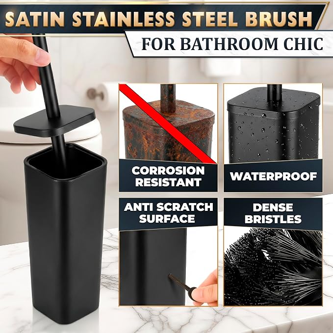 Black Toilet Brush with Square Stainless Steel Holder - Freestanding Toilet Brush and Holder Set Black - Removable Plastic Inner Cup, Splash Guard Cover, Replaceable Head, Corrosion Resistant Finish