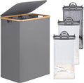 efluky Laundry Hamper with Lid, Trio Laundry Basket with 2 Removable Bags, 3 Section Laundry Bin with Bamboo Handles for Bathroom, Bedroom & Laundry Room, 160L (42.3 Gallon) Silver Grey
