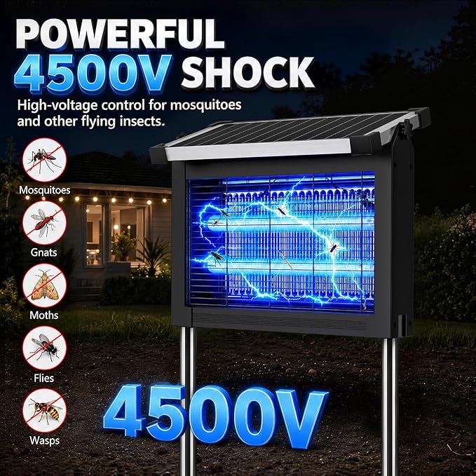 Zechuan Solar Bug Zapper Outdoor, 4500V Electric Mosquito Zapper, IP66 Waterproof Cordless Fly Killer, Type-C Rechargeable with Projection Light for Patio Yard Camping