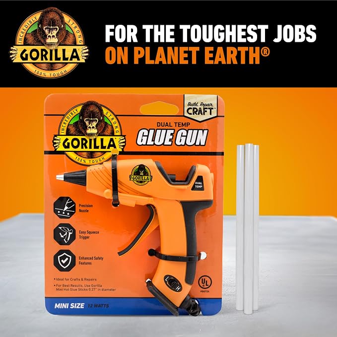 Gorilla Mini Hot Glue Gun Kit (Pack of 1 Mini Hot Glue Gun and 30 Sticks) - Dual Temp, Precision Nozzle, and Easy Squeeze Trigger