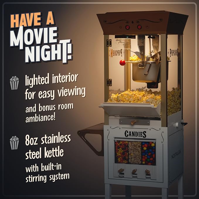Nostalgia Popcorn Maker Professional Cart, 8 Oz Kettle Makes Up to 32 Cups, Vintage Movie Theater Popcorn Machine with Three Candy Dispensers and Interior Light, Measuring Spoons and Scoop, Ivory