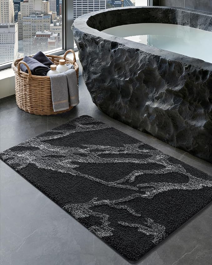 DEXI Bathroom Rug Mat 30x17, Soft and Absorbent Marble Bath Mat, Non Slip Machine Washable Bath Rugs for Shower Floor, Tub, Sink, Black