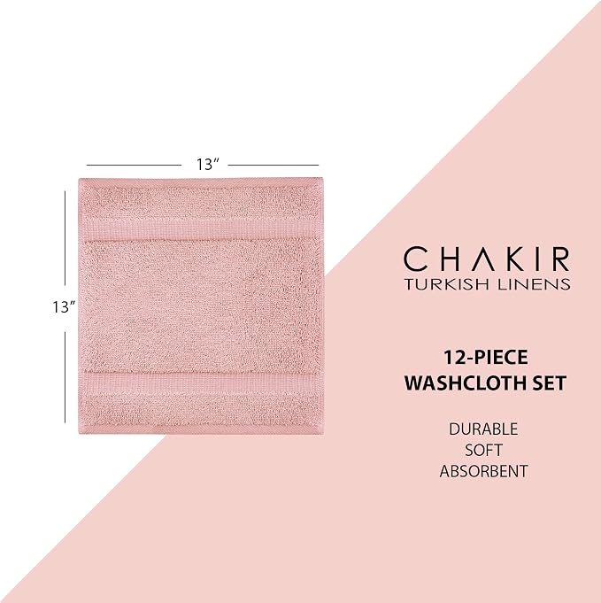 Chakir Turkish Linens 12 Piece Washcloth Set, 100% Cotton Luxury Turkish Washcloths for Bathroom, Soft Absorbent Washcloths, 13 x 13 Inches, Pink