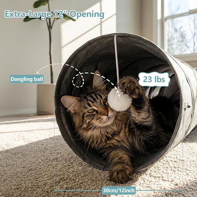 Ownpets Cat Tunnel Large 12 inch Diameter Sturdy Oxford Fabric Cat Tunnel Toy, Cactus Shape Collapsible Cat Tunnels for Indoor Cats,Interactive Peek Hole Pet Tunnel Tube with Cat Wand Toy