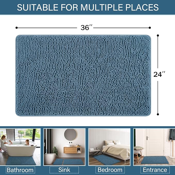 LOCHAS Luxury Bathroom Rug Shaggy Bath Mat 24 x 36 Inch, Denim Blue | Washable Non Slip Bath Rugs for Bathroom Shower, Soft Plush Chenille Absorbent Carpets