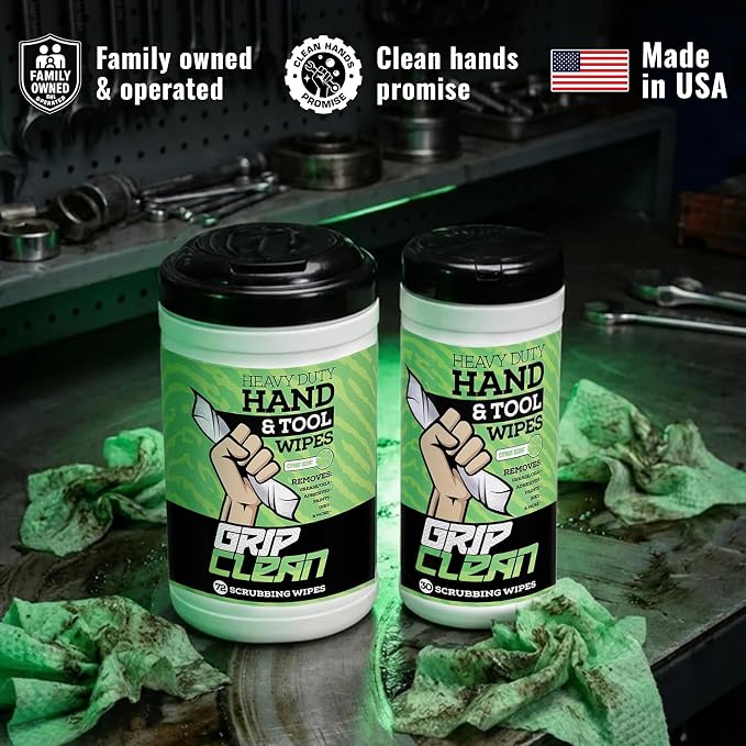 Grip Clean Heavy Duty Hand & Tool Cleaning Wipes – Waterless Hand Cleaner for Mechanics, Garage & Shop Use – Dual-Sided Grease, Oil & Paint Remover Wipes with Citrus Scent - 30ct