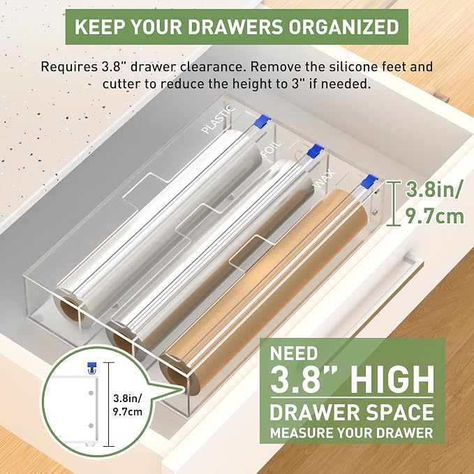 Kitchen Wrap Organizer, Foil and Plastic Wrap Organizer 3 in 1 with Sliding Cutter, Acrylic Wrap Dispenser for Drawer or Wall Mount, Fits 12 Inch Rolls