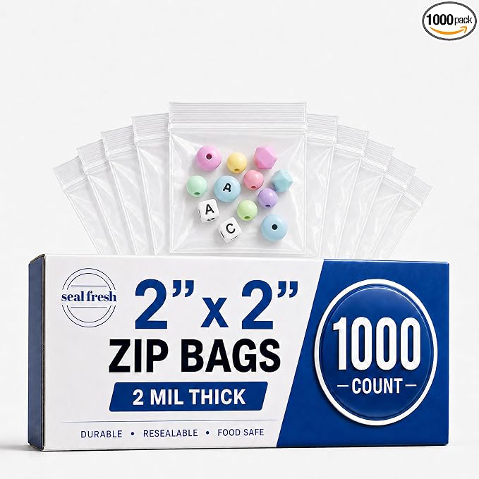 Seal Fresh 2 x 2 Inch Resealable Plastic Bags 1000 Pack — Clear Reclosable Mini Bags with Zipper Seal for Jewelry, Beads, Small Parts, Crafts, Hardware