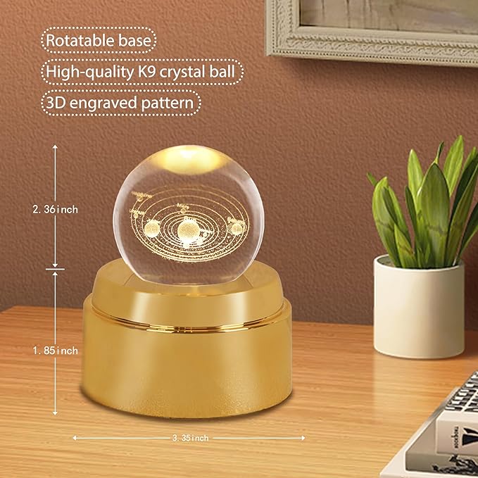 ZHSHWAT Solar System Crystal Ball Night Light with Rotating Glowing Base - 3D Laser Engraved Glass Ball, USB Powered Celestial Decor, Space Gifts & Science Gifts for Kids Adults Home Office Desk