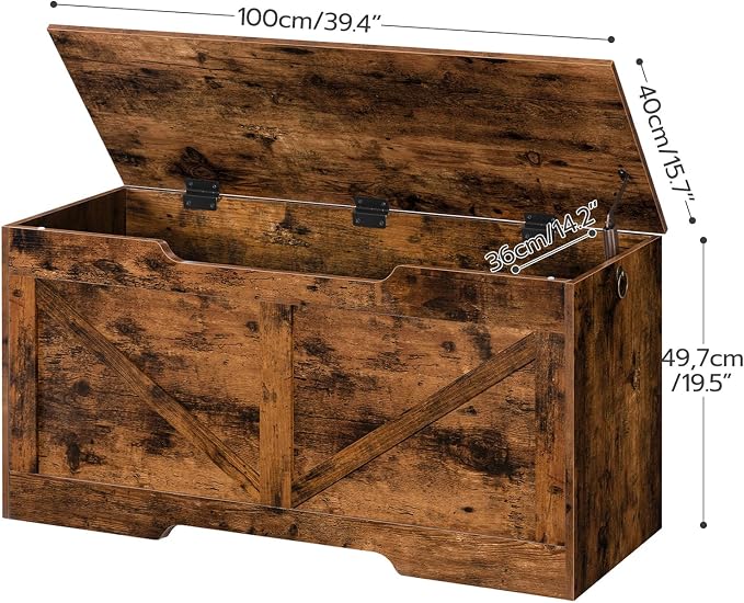 HOOBRO Storage Bench, 39.4” Retro Wooden Storage Chest with U-Shaped Cut-Out Pull, Safety Hinge, Supports 220 lb and Easy Assembly for Toy Box Organizer (Rustic Brown) BF771CW01G1
