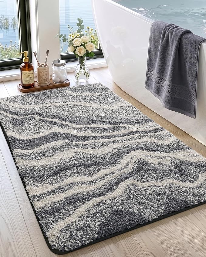 DEXI Bathroom Rug Mat 36x24, Soft and Absorbent Marble Bath Mat, Non Slip Machine Washable Bath Rugs for Shower Floor, Tub, Sink, Dark Grey