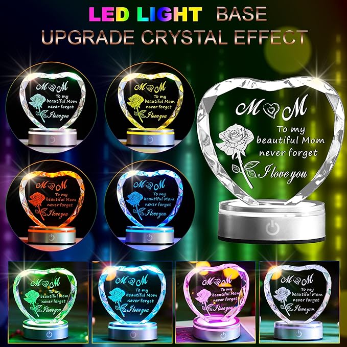 Heart Shaped Crystal Plaque for Mom, Laser Engraved Gift with Color Changing LED Light Base, Mothers Day Birthday Christmas Gift from Daughter Son