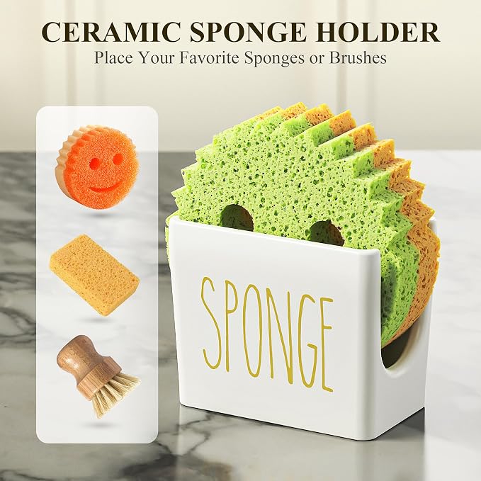 Cisily Kitchen Soap Dispenser Set Comes with Ceramics Sponge Holder, Gold Pumps, and Instant Dry Tray, Hand and Dish Soap Dispenser Set, Kitchen Decor and Accessories for Countertop Organizer