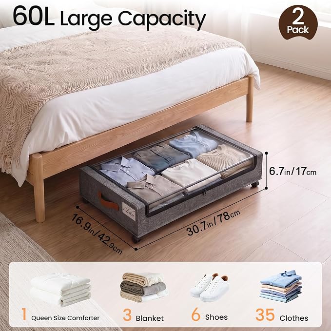 Yecaye 60 L Under Bed Storage with Wheels, 2 Pack Under Bed Storage Containers with Clear Window & Label, Rolling Under bed Shoe Storage organizer for Clothes, Shoes, Hemp Grey
