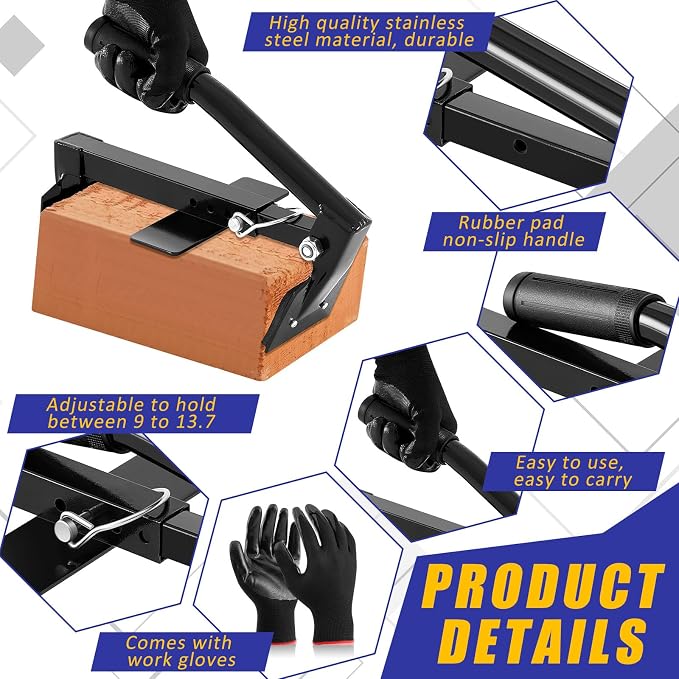 Adjustable Heavy Duty Brick Tongs Set Heavy Duty Block Tongs with Rubber Pad Handle and Work Gloves Adjustable 9-13.7 Inches Paver Tool for Bricks Lifting Carrying(Black)