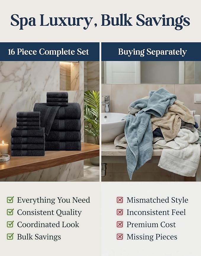 LANE LINEN Bath Towel Set Quick Dry 100% Cotton 16 Piece Soft - Black | Cotton Bath Towels - Classic Terry Weave, Densely Woven & Durable, Easy-Care, Coordinated Colors