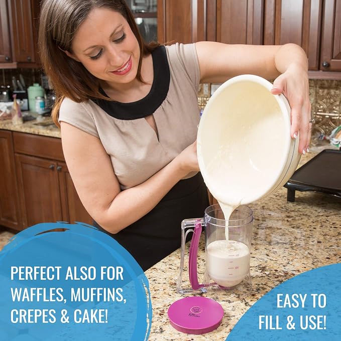 KPKitchen Pancake & Cupcake Batter Dispenser and Stainless Steel Measuring Cups and Spoons Set of 14 - Perfect for Waffles, Cakes, Crepes or Any Baked Goods - 7 Cup and 7 Spoon Metal Measure Sets