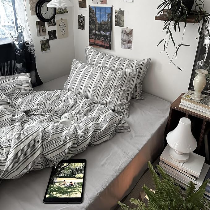 mixinni Vintage Gray & White Striped Duvet Cover Set - 3 Piece 100% Washed Cotton Queen Size Bedding | Minimalist Gender-Neutral Design | Ultra-Soft Breathable, with Zipper Closure & Corner Ties