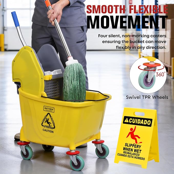 MATTHEW CLEANING 34Quarts Commercial Mop Bucket INCL.Wet String Mop with Down Press Wringer On Wheels,Industrial Heavy-Duty Floor Cleaning w/Handle, Mop Bucket for Home,Offices,Commercial, Restaurants
