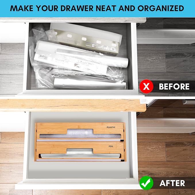 18 Inch Large Foil Wrap Dispenser with Cutter, 2 in 1 Aluminum Butcher Parchment Paper Freezer Tin Wax Cling Foil Plastic Wrap Organizer for Kitchen Drawer Bamboo Saran Storage Roll Holder